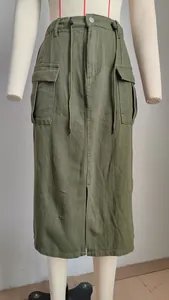Front view of army green cargo denim maxi skirt with drawstring and slit