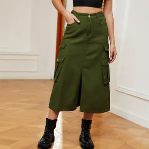 Front view of an olive green cargo midi skirt with side pockets and front split detail.