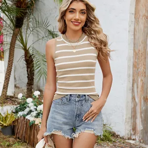 Detail view of retro khaki and white striped slim fit knit tank top for women.