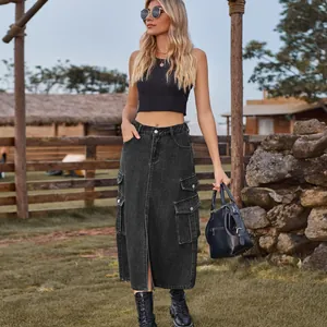 Fashionable black cargo denim midi skirt with utility flap pockets and a front slit detail