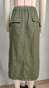 Detailed back view of army green cargo denim maxi skirt with elasticated waist