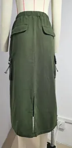 Detailed back view of olive green cargo denim maxi skirt with drawstring pockets