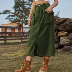 Women Cargo Denim Midi Skirt Washed Drawstring Split Skirt with Pockets Streetwear Casual Long Skirt for Women Fashion