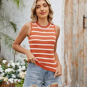 Close-up of a slim fit orange and white horizontal striped knitted tank top for women