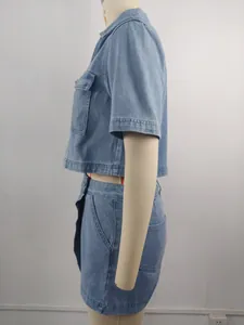 Side view of two-piece denim set with V-neck short sleeve top and irregular shorts
