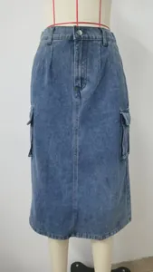 Womens high waisted washed denim cargo midi skirt featuring side flap pockets and front seam