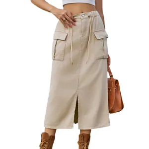 Washed khaki cargo denim midi skirt featuring a drawstring waist and front slit design