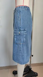 Detailed side view of light blue washed denim cargo midi skirt with side pocket