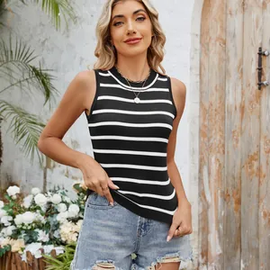 Close-up of a vintage black and white striped slim-fit knit tank top for women.