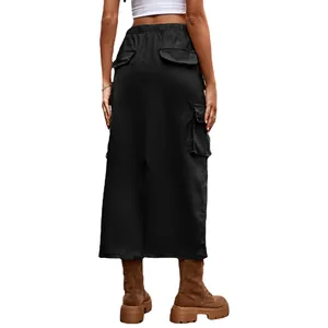 Women's black denim cargo maxi skirt with utility pockets and back slit design