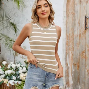 Model wearing casual khaki and white striped sleeveless knit top in outdoor setting