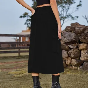 Stylish black corduroy cargo midi skirt with elastic waist and back pockets details