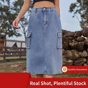 High waisted washed light blue denim cargo midi skirt with side pockets for women