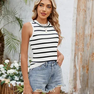 Fashionable retro black and white striped slim-fit knit tank top for women summer wear