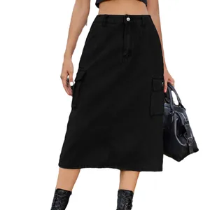 Stylish women's black cargo denim midi skirt with high waist and functional side pockets