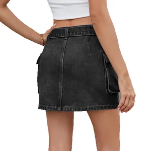 Black washed denim cargo mini skirt with side pockets for summer streetwear outfits.