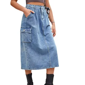 Women Cargo Denim Midi Skirt High Waist Washed A-Line Streetwear Long Skirt With Pockets Casual Fashion Skirt For Women