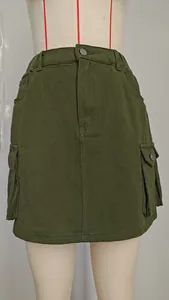 Front view of an army green washed denim cargo mini skirt on a mannequin