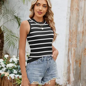 Detailed view of the vintage black and white striped slim-fit knitted tank top for women