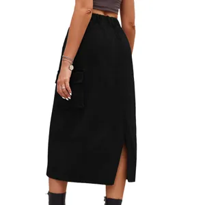 Elegant black washed cargo denim midi skirt featuring a back slit and side flap pocket
