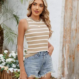Detail shot of a slim-fit retro striped knit tank top for women in a summer setting