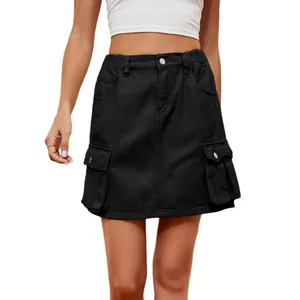 High-waisted black denim cargo mini skirt featuring multiple pockets and a raw wash