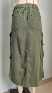 Detailed back view of an olive green cargo denim midi skirt with elastic waistband