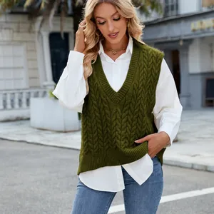 Detail view of retro olive green V-neck cable-knit sleeveless sweater vest for women