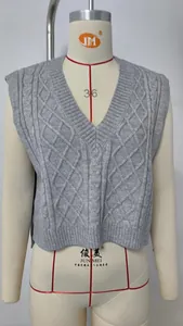 Detailed close-up showing the texture of a grey V-neck cable knit vest on a mannequin