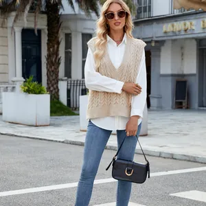 Chic women's V-neck cable knit sleeveless sweater vest in beige for casual street style look