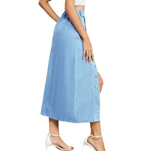 Stylish light blue denim midi skirt featuring front buttons and a high elastic waistband