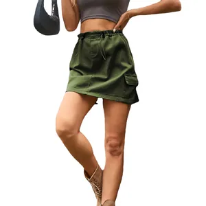 Olive green drawstring cargo mini skirt for women featuring high waist and side pockets