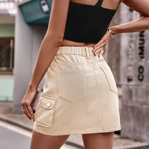 Detailed back view of casual khaki high-waisted denim cargo mini skirt with pockets