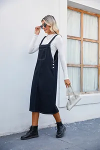 Detailed view of a stylish dark denim pinafore midi dress with button side detail