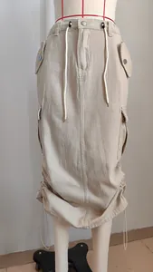 Close-up detail of khaki denim cargo midi skirt featuring adjustable waist and hem drawstrings