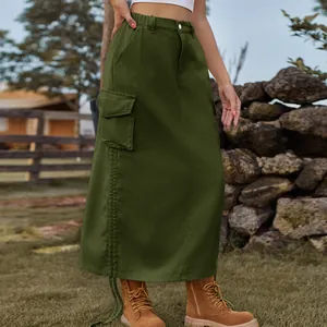 Detailed view of army green cargo midi skirt with side pockets and drawstring hem