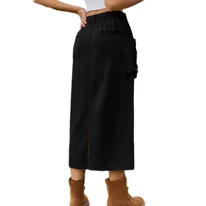 Vintage black denim cargo midi skirt with elastic waist and back slit for women's fashion