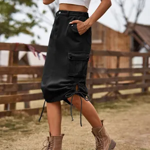 Detail shot of black midi cargo skirt with drawstring hem and side pocket
