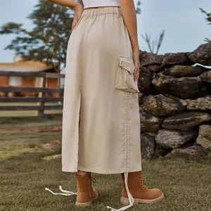 Detailed back view of a khaki cargo midi skirt with functional pocket and stylish slit