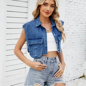Stylish blue washed cropped denim vest with functional pockets for women's casual wear