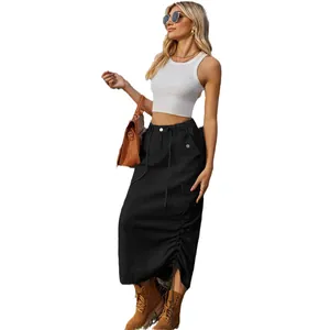 High-waist black denim cargo maxi skirt featuring functional drawstring and ruched side details