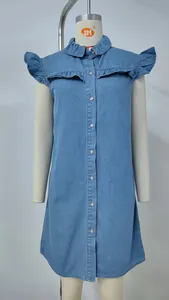 Close-up of light blue denim sleeveless dress with ruffle shoulders and button-front