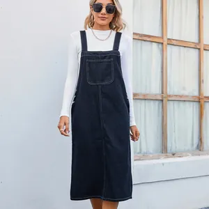 Women Denim Pinafore Dress Casual Solid Color Midi Length A-Line Skirt With Pockets Street Style Retro Blue Black Jeans Dress