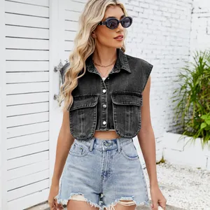 Fashionable washed black cropped denim vest with double pockets and sleeveless design