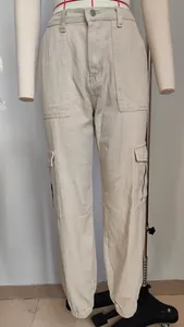 Women's high-waisted khaki cargo pants featuring multiple utility pockets and elastic cuffs