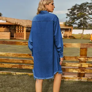 Vista trasera de un vestido vaquero lavado vintage con corte holgado y bajo deshilachado.