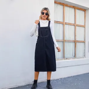 Stylish black denim overall midi dress for women featuring contrast stitching
