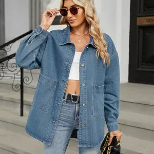 Premium light blue washed denim jacket featuring a relaxed fit and large utility pockets