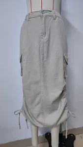 Front view of a khaki American style cargo denim midi skirt on a white mannequin