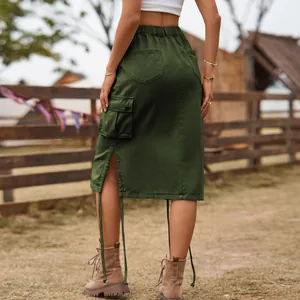 Back view of army green cargo midi skirt with side pocket and drawstring hem detail